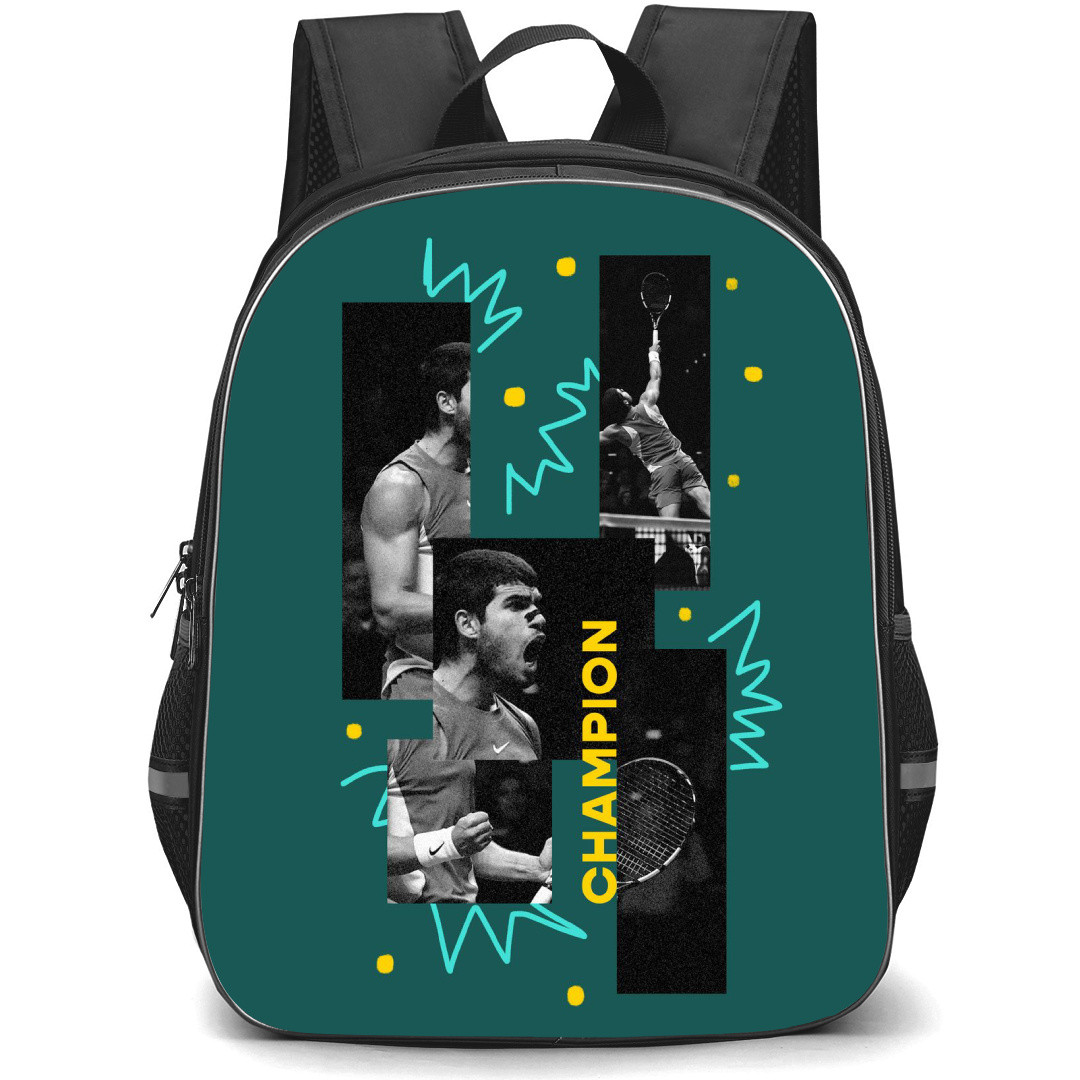 Carlos Alcaraz Backpack School Bag StudentPack - Carlos Alcaraz Champion Collage Black And White Poster