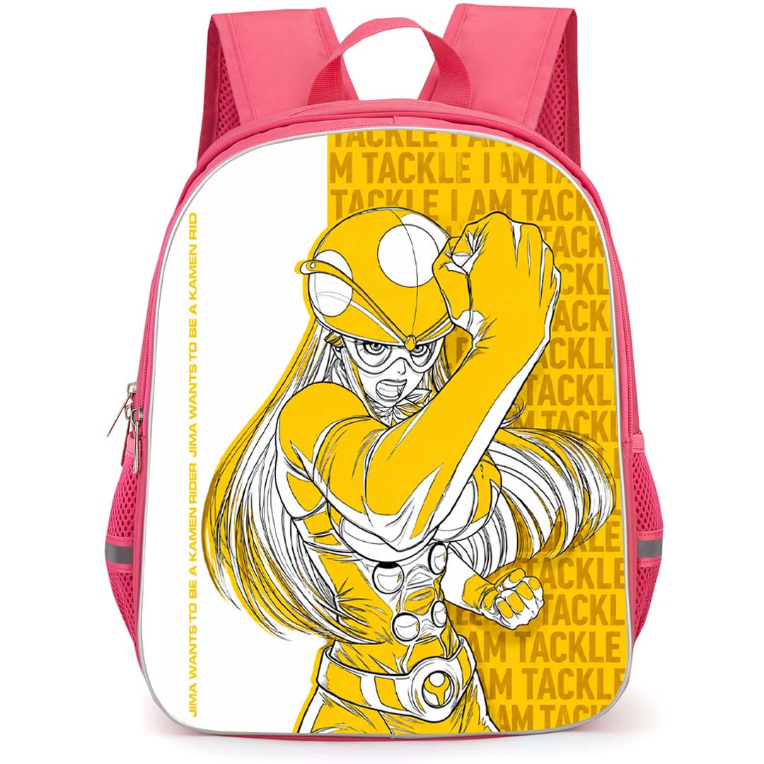 Tojima Wants To Be A Kamen Rider Yuriko Okada Backpack School Bag StudentPack - Yuriko Okada Yellow Masked Tackle Pattern Text Bold Shonen Manga Poster
