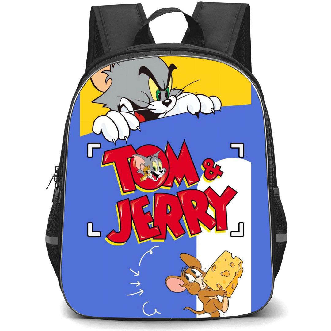 Tom and Jerry Backpack StudentPack - Tom and Jerry Holding Cheese Yellow Blue Background