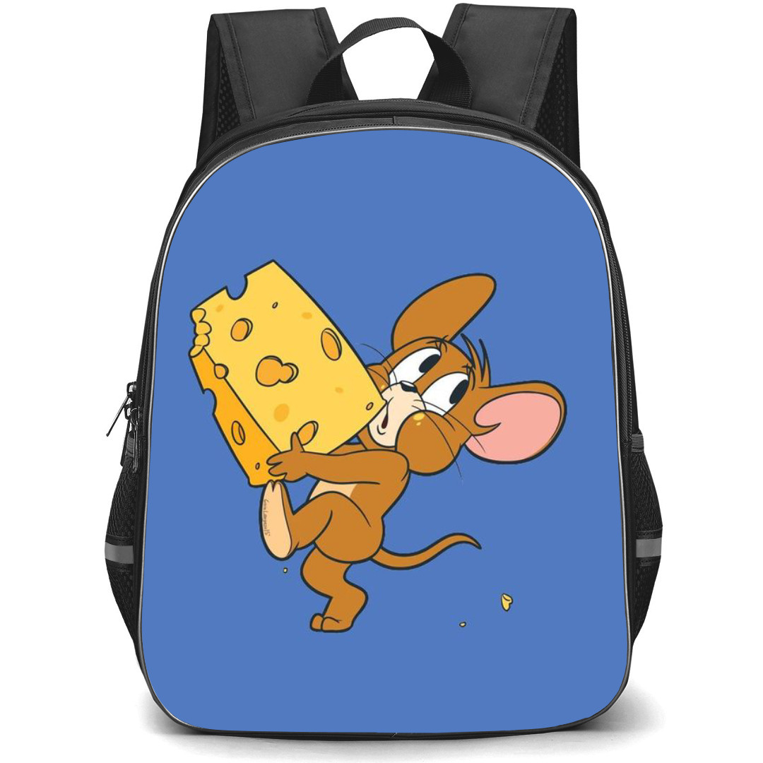Tom and Jerry Jerry Backpack StudentPack - Jerry Holding Cheese Looking Up Blue Background