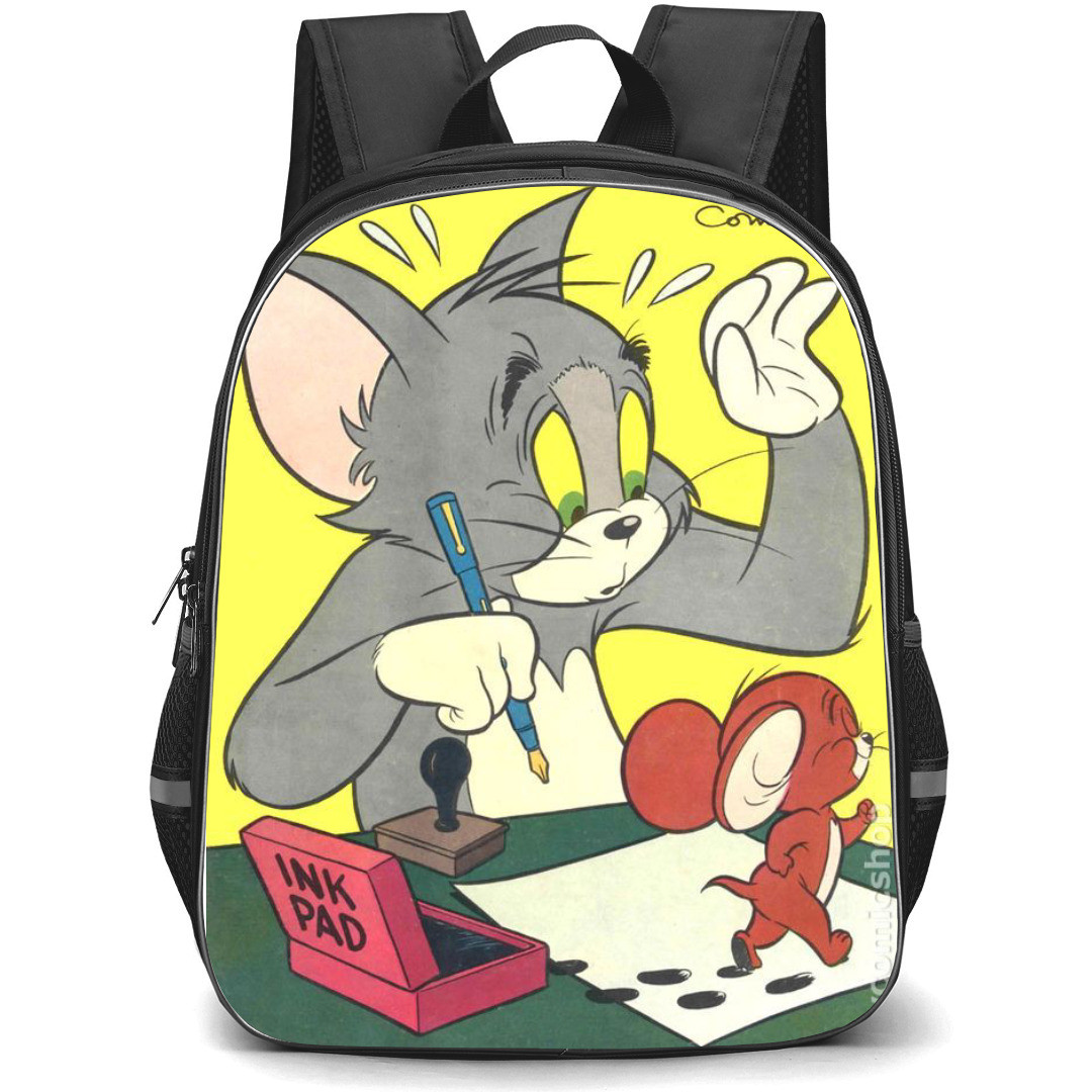 Tom and Jerry Backpack StudentPack - Tom and Jerry Vintage Comic Poster Walking from Ink Pad Yellow Background