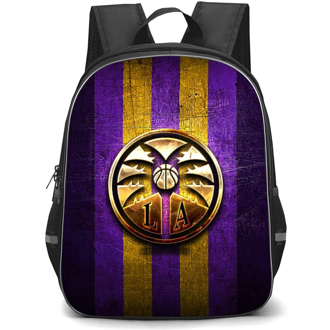 WNBA Los Angeles Sparks Backpack StudentPack - Los Angeles Sparks Golden Logo On Metal Purple Yellow Stripe Background