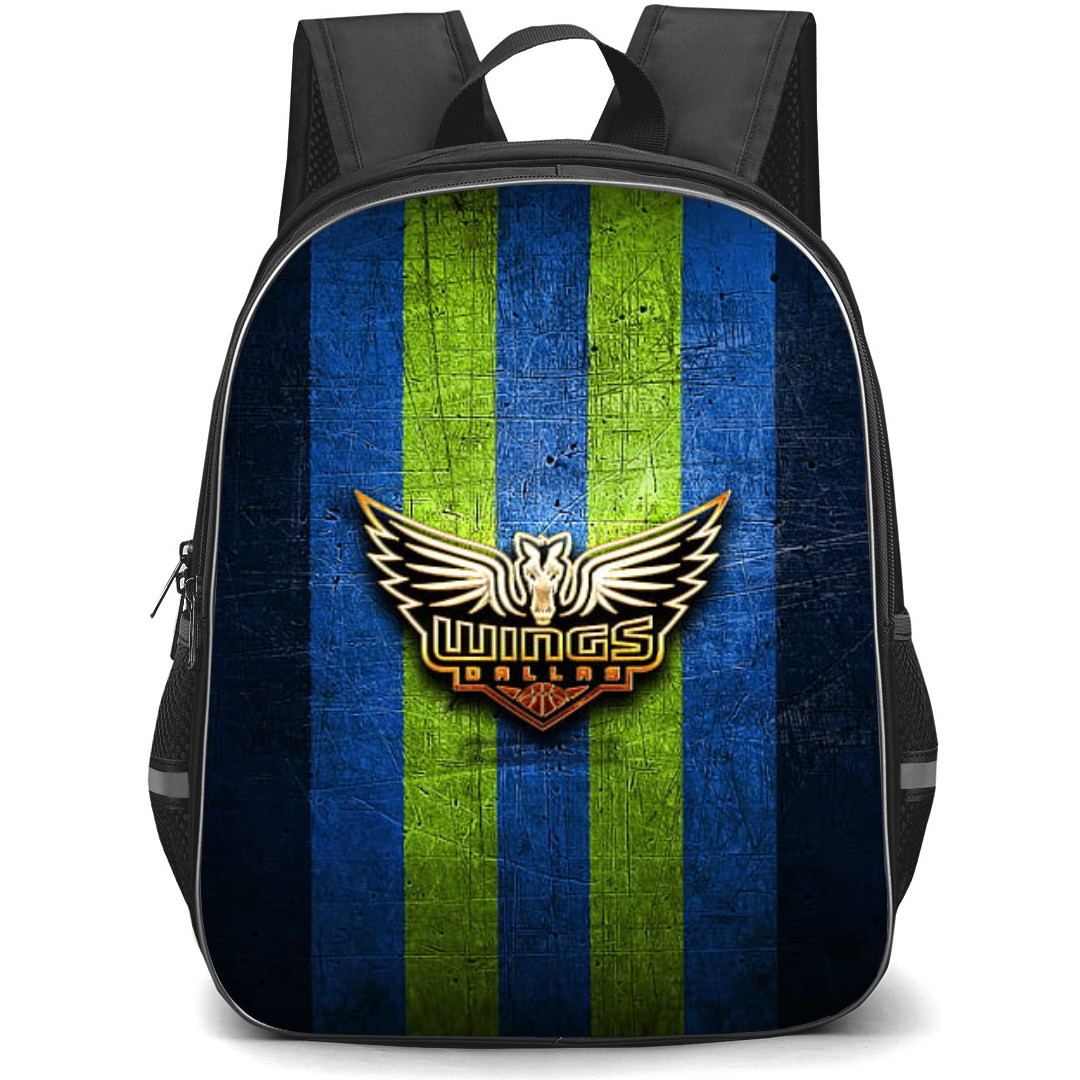 WNBA Dallas Wings Backpack StudentPack - Dallas Wings Golden Logo On Green Blue Stripe Metal Background