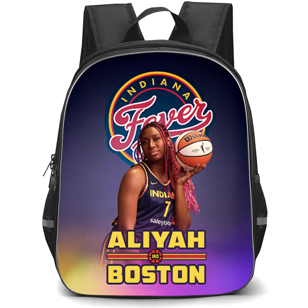 WNBA Aliyah Boston Indiana Fever Backpack StudentPack - Aliyah Boston Holding Ball with Indiana Fever Logo on Purple Background