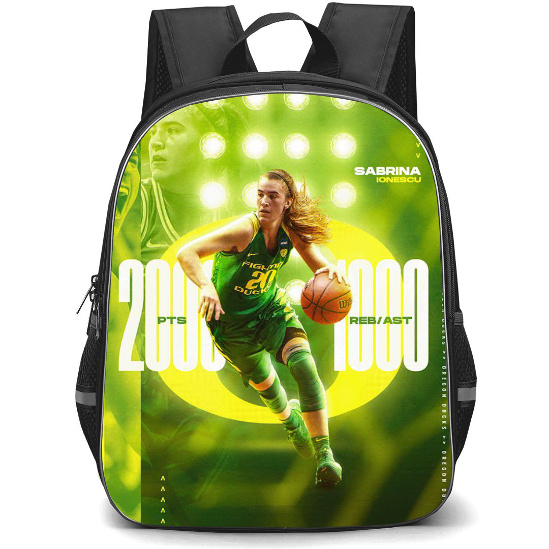 WNBA Sabrina Ionescu Backpack StudentPack - Sabrina Ionescu Dribbling On Green Effect Background