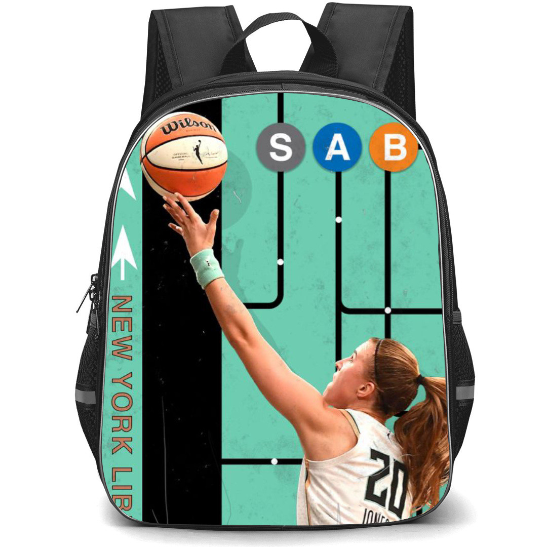 WNBA Sabrina Ionescu Backpack StudentPack - Sabrina Ionescu NY Liberty Shooting On Cyan Background