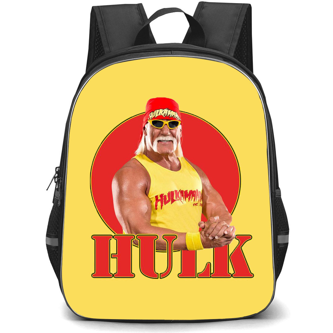 WWE Hollywood Hulk Hogan Backpack StudentPack - Biceps Pose On Round Red Yellow Background
