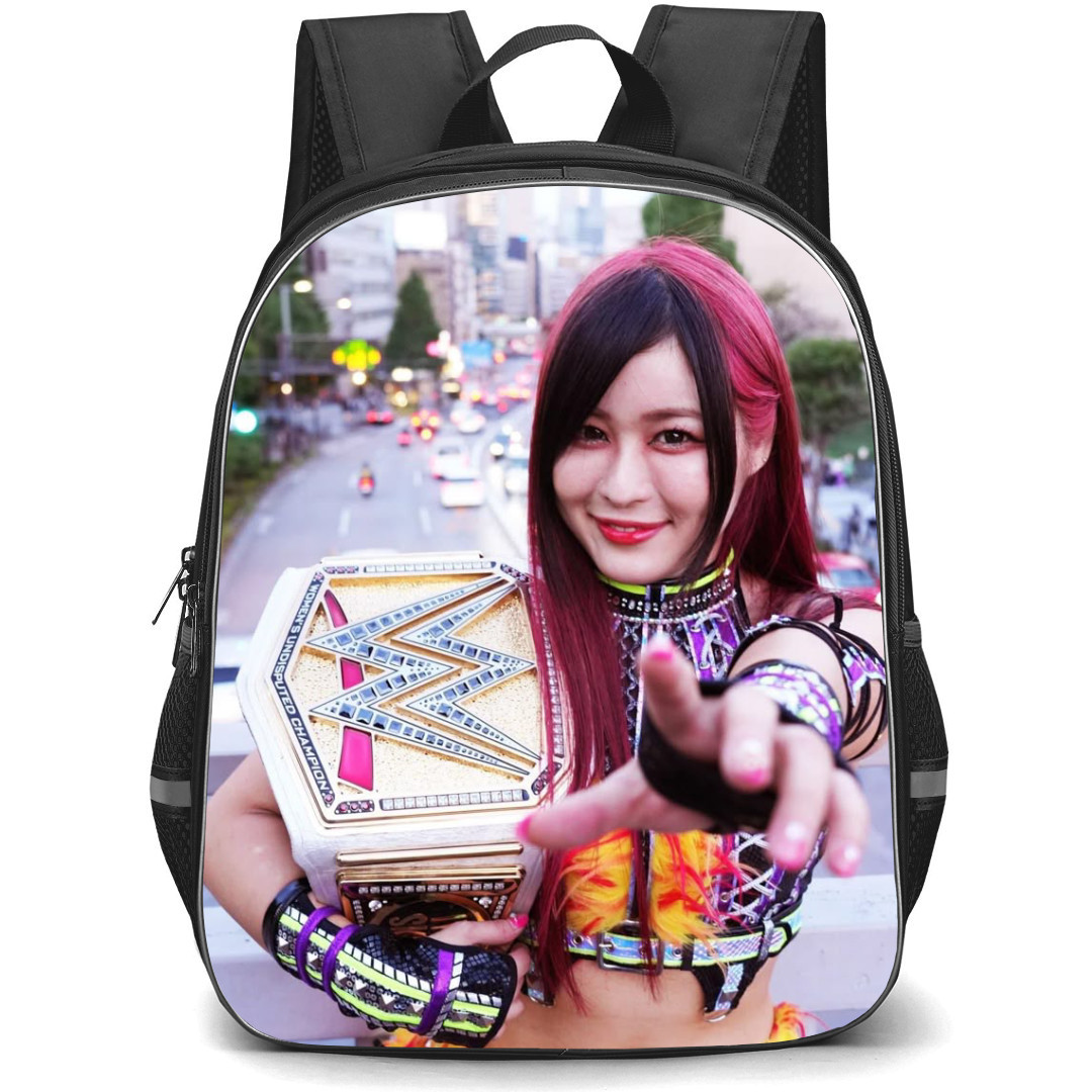 WWE Iyo Sky Backpack StudentPack - Iyo Sky Portrait With Title Belt On City Background