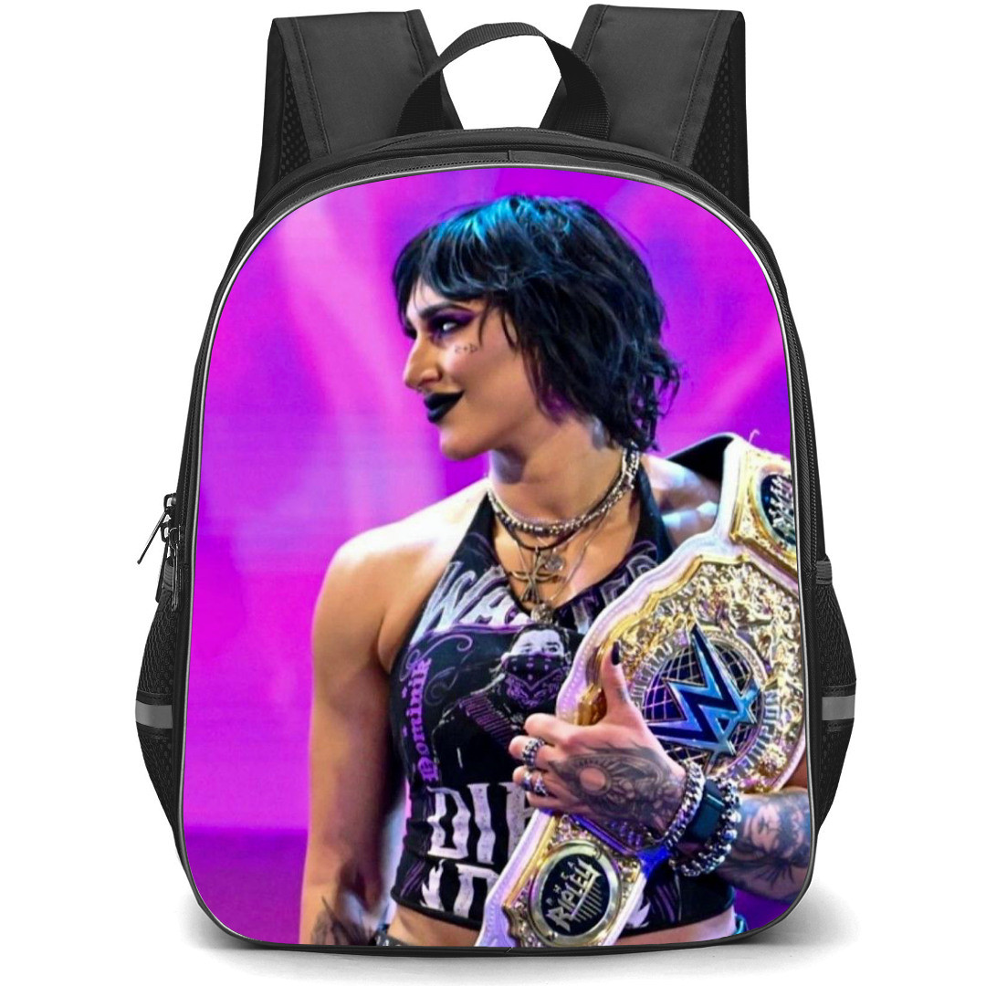 Rhea Ripley Backpack StudentPack - Rhea Ripley Holding Title Belt On Purple Background
