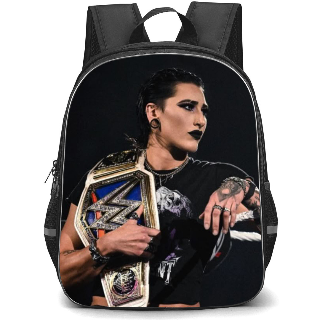 Rhea Ripley Backpack StudentPack - Rhea Ripley Side Portrait With Title Belt On Dark Background
