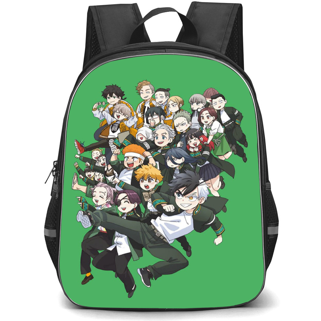 Wind Breaker Backpack School Bag StudentPack - Characters Happy Chibi Poster In Green Background