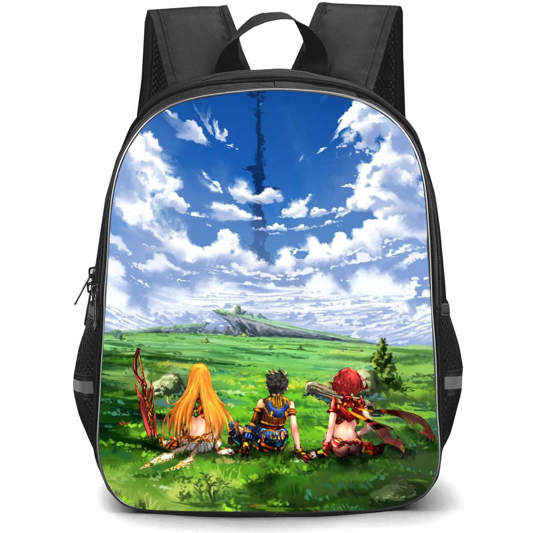 Xenoblade Backpack StudentPack - Xenoblade Pyra Mythra And Rex Sitting On Grass Anime Art Poster