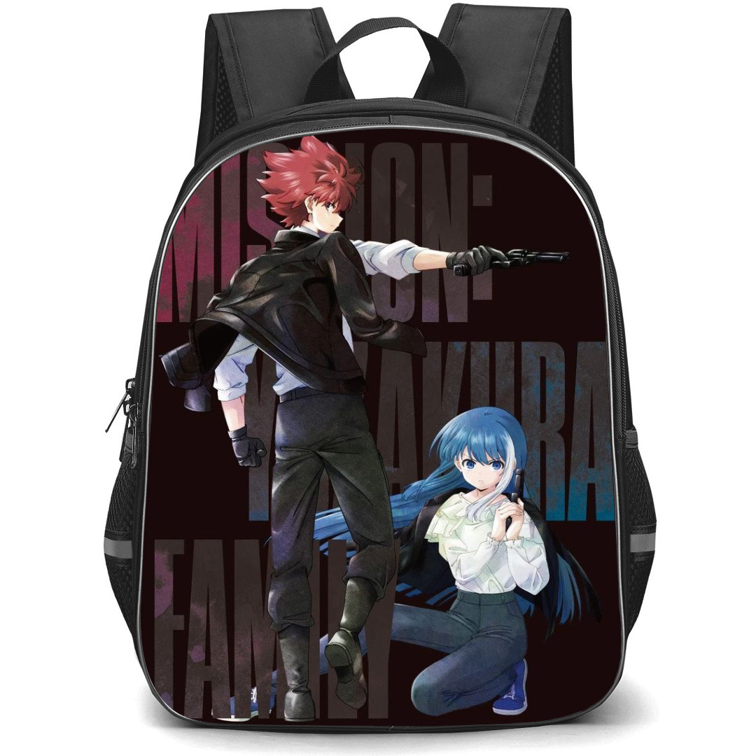 Yozakura Family Backpack School Bag StudentPack - Taiyo Asano And Mutsumi Yozakura Hold Gun Fierce Portrait Poster
