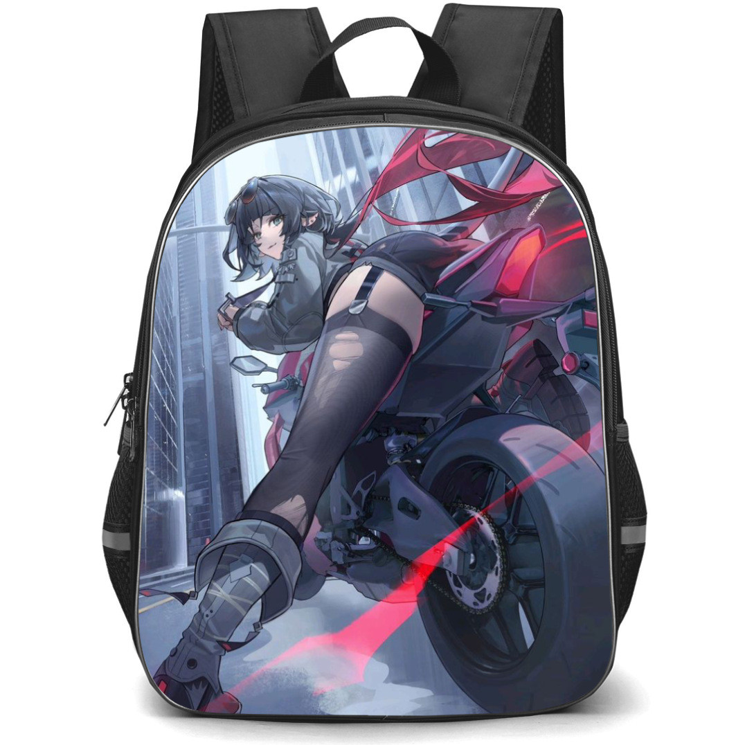 Zenless Zone Zero Jane Doe Backpack StudentPack - Jane Doe Riding Motorcycle Illustration