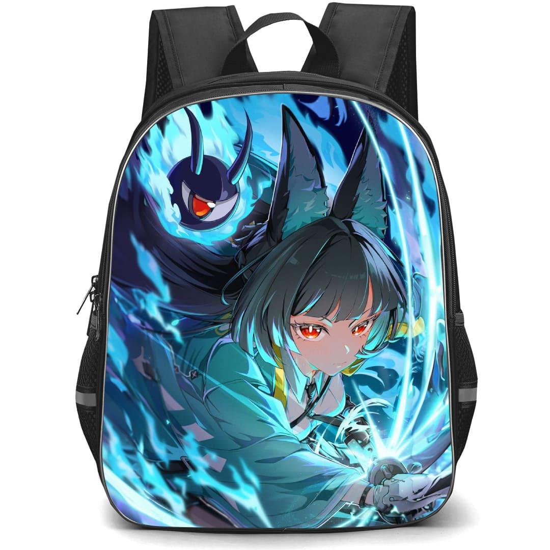 Zenless Zone Zero Hoshimi Miyabi Backpack School Bag StudentPack - Hoshimi Miyabi Attack In Blue Fire Background