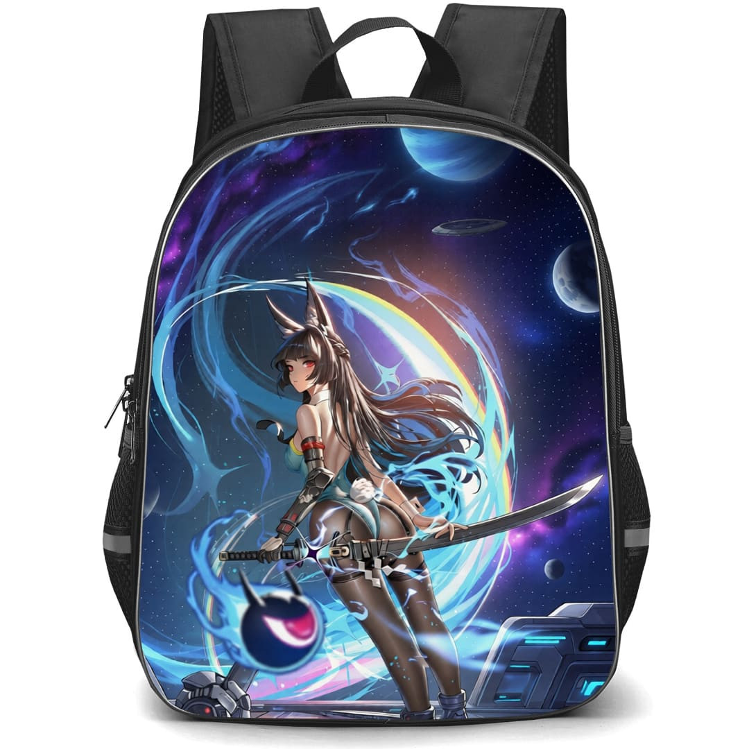 Zenless Zone Zero Hoshimi Miyabi Backpack School Bag StudentPack - Hoshimi Miyabi Holding Sword Back Pose Space Background