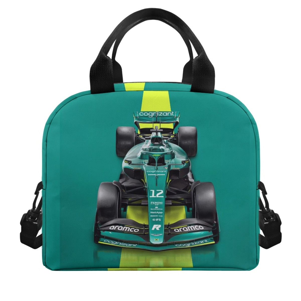 F1 Formula One Aston Martin Lunch Box - Aston Martin AMR22 On Green Background Yellow Stripe