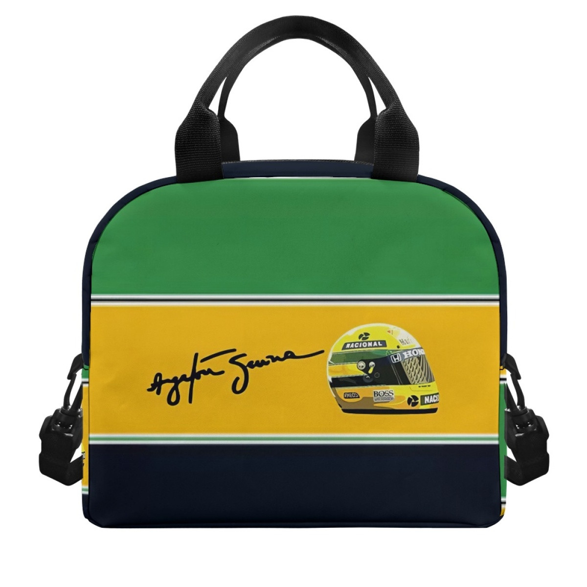 F1 Formula One Ayrton Senna Lunch Box - Ayrton Senna Helmet Green Black Stripe On Yellow Background