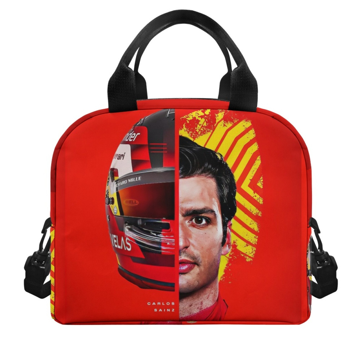 F1 Formula One Carlos Sainz Lunch Box - Carlos Sainz Half Face Essere Ferrari Poster Red Background