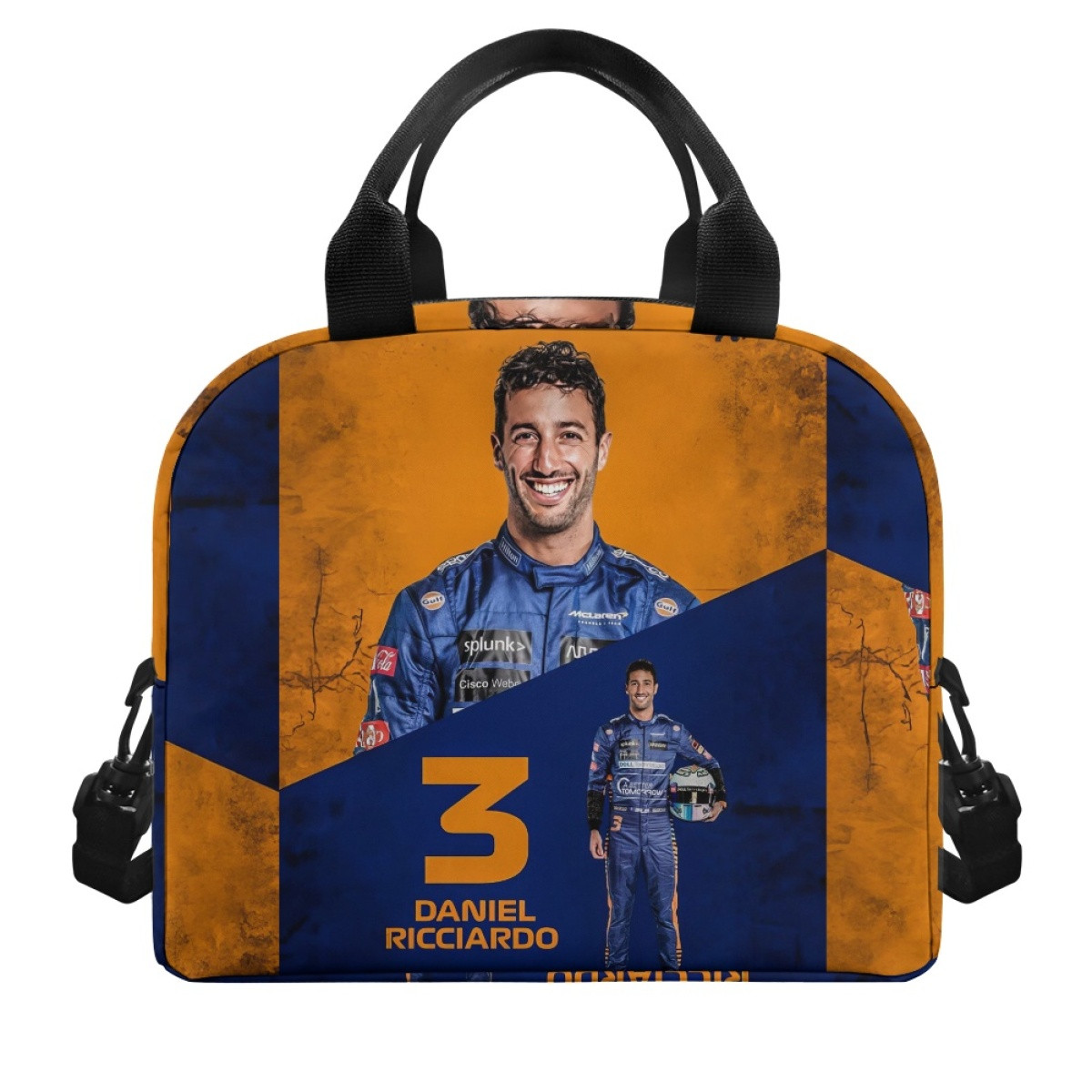 F1 Formula One Daniel Ricciardo Lunch Box - Daniel Ricciardo 3 Smiling On Orange Blue Background