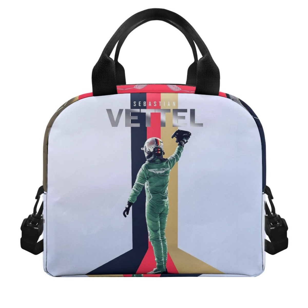 F1 Formula One Sebastian Vettel Lunch Box - Sebastian Vettel 4 Time Champion Standing On Red Black Stripe