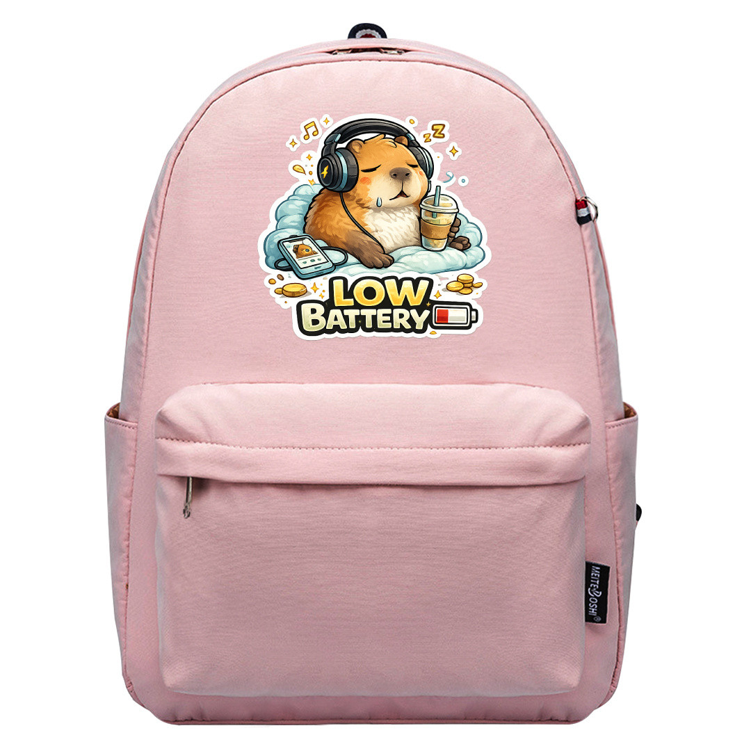Capabara Low Battery Text Quote Backpack School Bag - Superpack Plus Pink