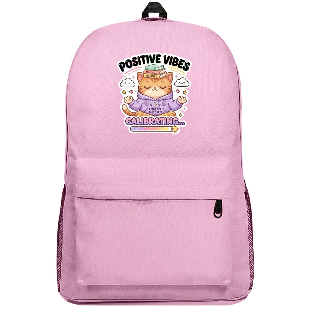 Cat Positive Vibes Text Quote Backpack School Bag - Superpack Pink