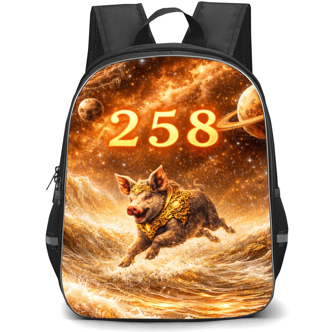 Pig Sign Primary Element Water Lucky Number 2 5 and 8 Backpack School Bag - Studentpack Black