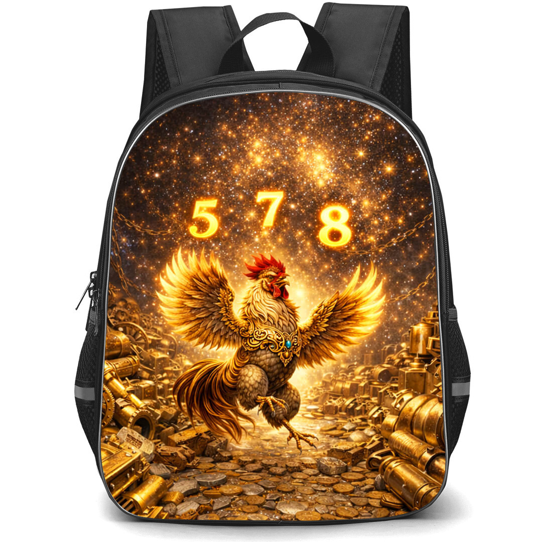 Rooster Chicken Sign Primary Element Metal Lucky Number 5 7 and 8 Backpack School Bag - Studentpack Black