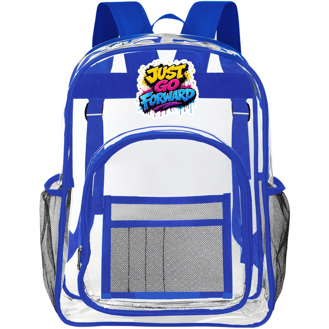 Go Forward Text Quote Transparent Clear Backpack School Bag - Clearpack Blue
