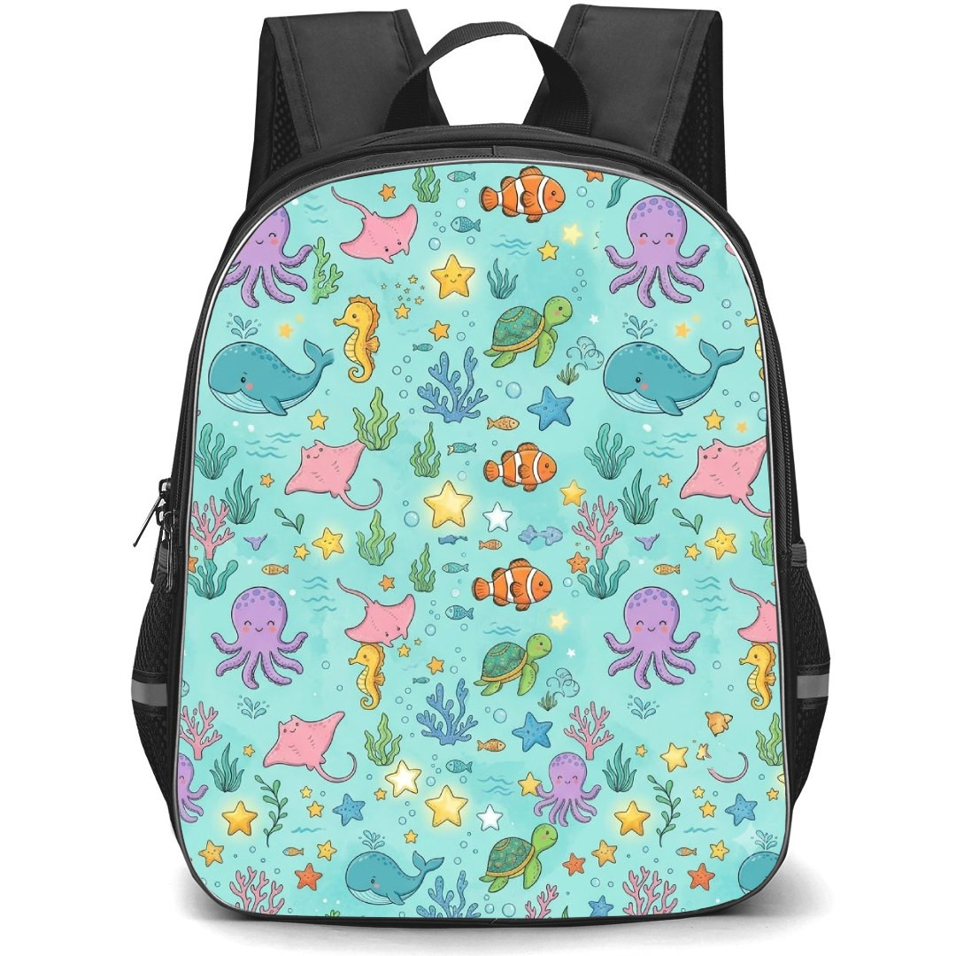 Happy Sea Creatures Pattern Backpack School Bag - Studentpack Black