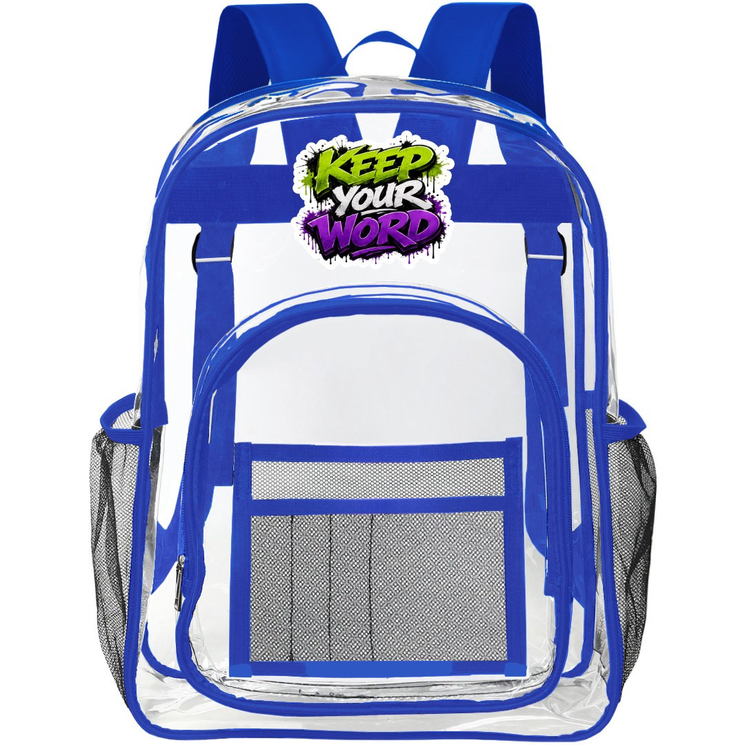 Keep Your Word Text Quote Transparent Clear Backpack School Bag - Clearpack Blue