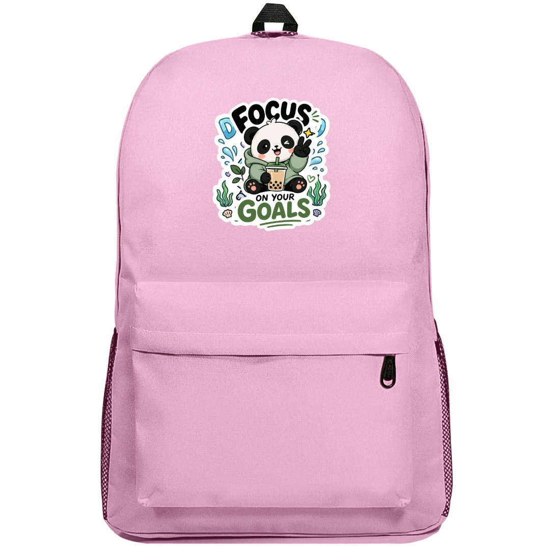 Panda Focus On Your Goals Text Quote Backpack School Bag - Superpack Pink