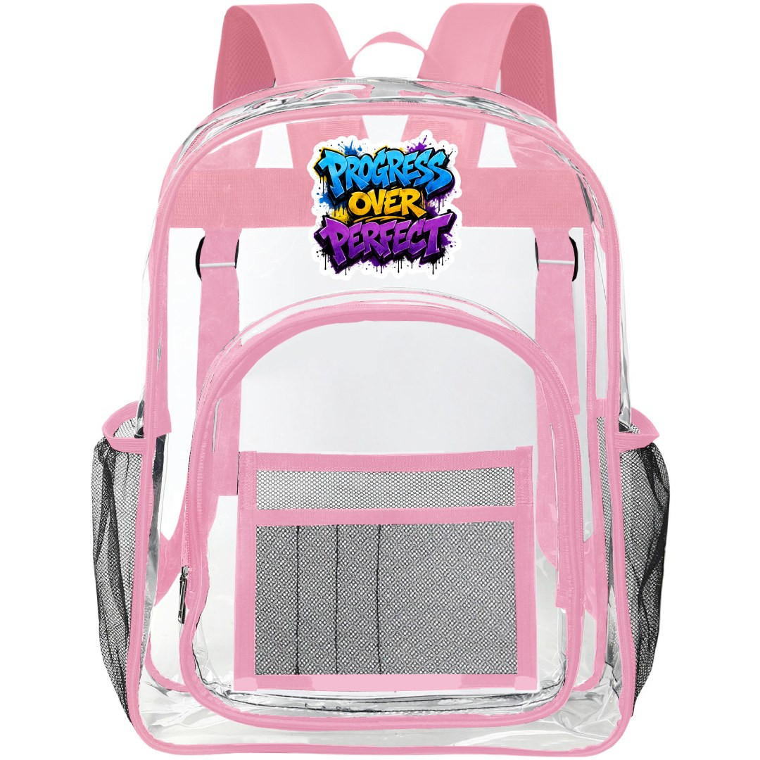 Progress Over Perfect Text Quote Transparent Clear Backpack School Bag - Clearpack Pink