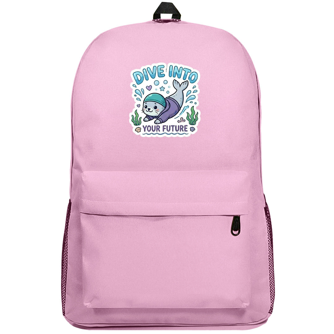 Seal Dive Into Your Future Text Quote Backpack School Bag - Superpack Pink