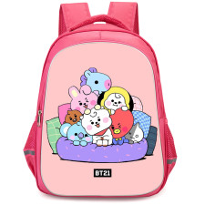 BT21 Backpack StudentPack - BT21 Member Sitting On A Sofa Pink Background