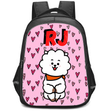BT21 RJ Backpack StudentPack - RJ Standing On Heart Pattern Art Pink Background