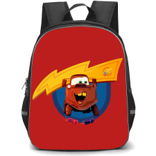 Cars Mater Backpack StudentPack - Mater Cartoon Art On Lightning Logo Red Background