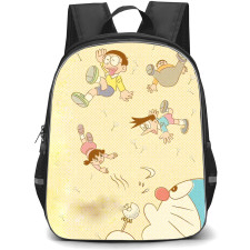 Doraemon School Backpack StudentPack - Characters Falling Yellow Polkadots Background
