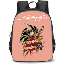 Ed Hardy Backpack School Bag StudentPack - Ed Hardy Pierced Hearts True Love Tattoo On Pink Background