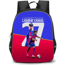 Lamine Yamal School Backpack StudentPack - Lamine Yamal 27 FC Barcelona Dribbling On Blue Red Background