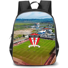 Witton Albion Football Club Backpack School Bag StudentPack - Witton Albion Football Club with Logo Stadium Top View Red Effect