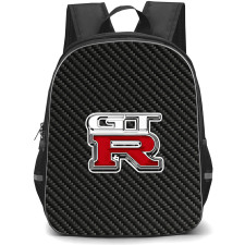 Nissan GT-R Backpack School Bag StudentPack - Nissan GT-R Logo On Traditional Black Charcoal Carbon Fiber Background