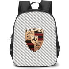 Porsche Backpack School Bag StudentPack - Porsche Logo On Silver Gray Carbon Fiber Background