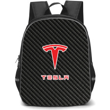 Tesla Backpack School Bag StudentPack - Tesla Logo On Traditional Black Charcoal Carbon Fiber Background