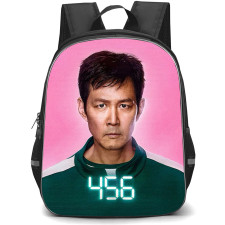 Squid Game 3 Seong Gi-hun Backpack School Bag StudentPack - Squid Game 3 Seong Gi-hun Number 456 Profile on Pink Background