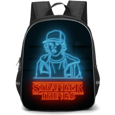 Stranger Things Backpack School Bag StudentPack - Stranger Things Blue Neon Boy Art with Orange Text on Black Background