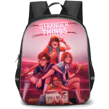 Stranger Things Backpack School Bag StudentPack - Stranger Things Characters Sit on Sofa with Pink Background