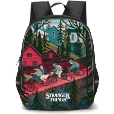 Stranger Things Backpack School Bag StudentPack - Stranger Things Cycling with House and Tree Pattern Background