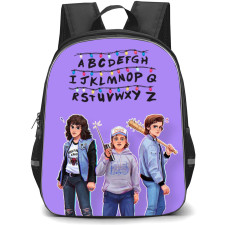 Stranger Things Backpack School Bag StudentPack - Stranger Things Three Characters Stand with Their Weapon on Purple Background